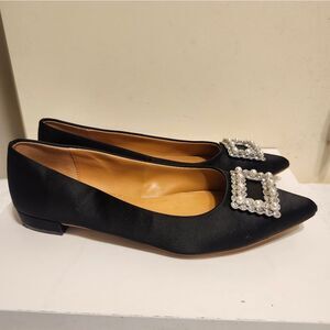 J. Crew Black Satin Pointy Toe Ballet Flats w/Crystal Buckle Detail Sz.6.5 $148